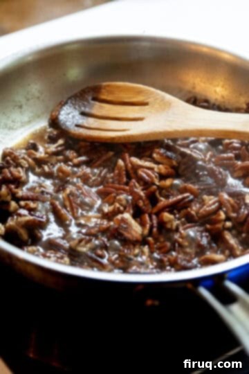 Roasted Maple Bacon Brussels Sprouts 7 Sugar caramelizing to the pecans in the saucepan.
