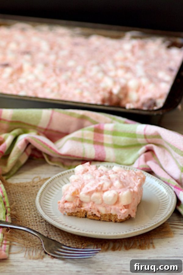 Tropical Cherry Ambrosia Square on Plate A tropical cherry ambrosia square on a white plate, showcasing its pink hue and fluffy texture.