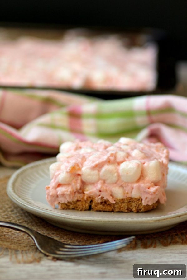 Single Tropical Cherry Ambrosia Square Another view of a tropical cherry ambrosia square on a white plate, highlighting its distinct layers.