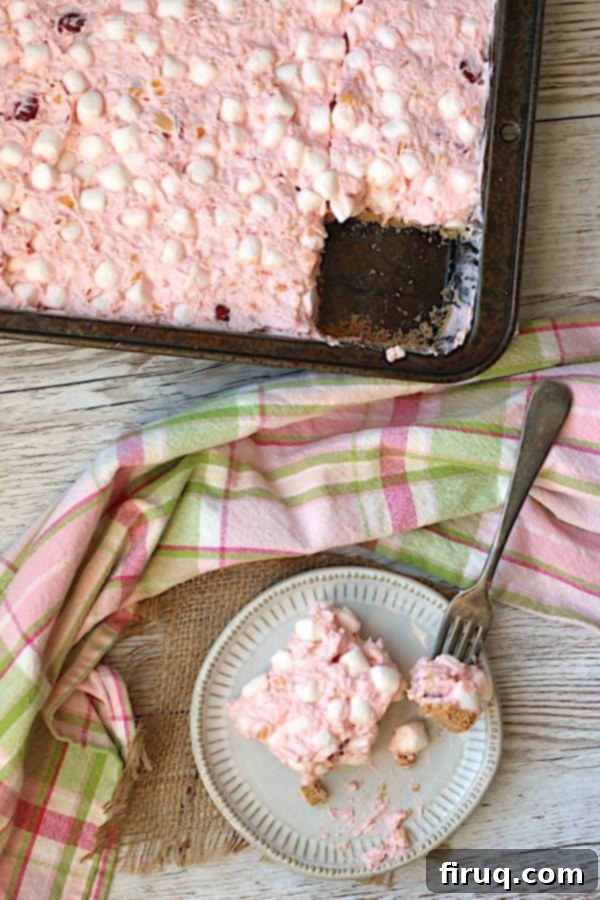 Baked Tropical Cherry Ambrosia Bars Overhead photo of tropical cherry ambrosia bars, neatly cut into squares in a baking dish.