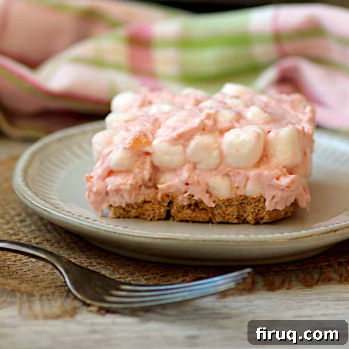 Perfect Ambrosia Square A tropical cherry ambrosia square, perfectly cut and ready to serve.