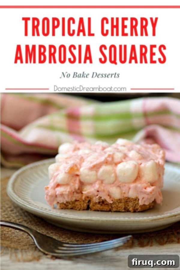 Cherry Ambrosia Squares Platter A top-down view of several tropical cherry ambrosia squares arranged aesthetically in a dish.