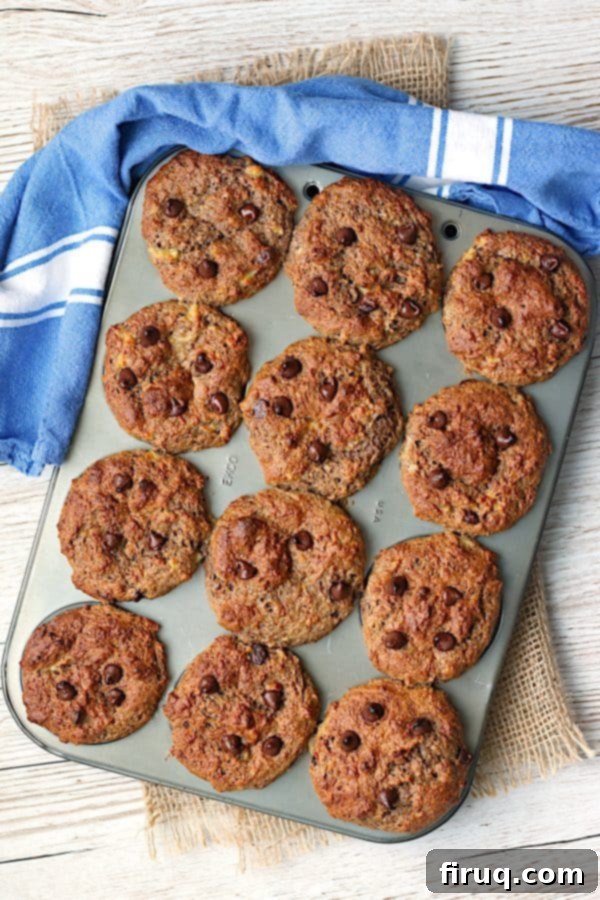 Fresh Banana Chocolate Chip Bran Muffins Overhead photo of delicious Banana Chocolate Chip Bran Muffins beautifully arranged in a muffin pan, ready for enjoyment.