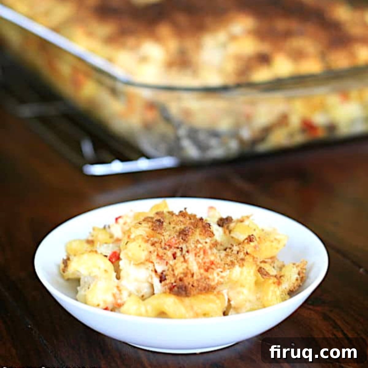 Decadent Lobster Mac & Cheese Close-up of a serving of Lobster Mac & Cheese