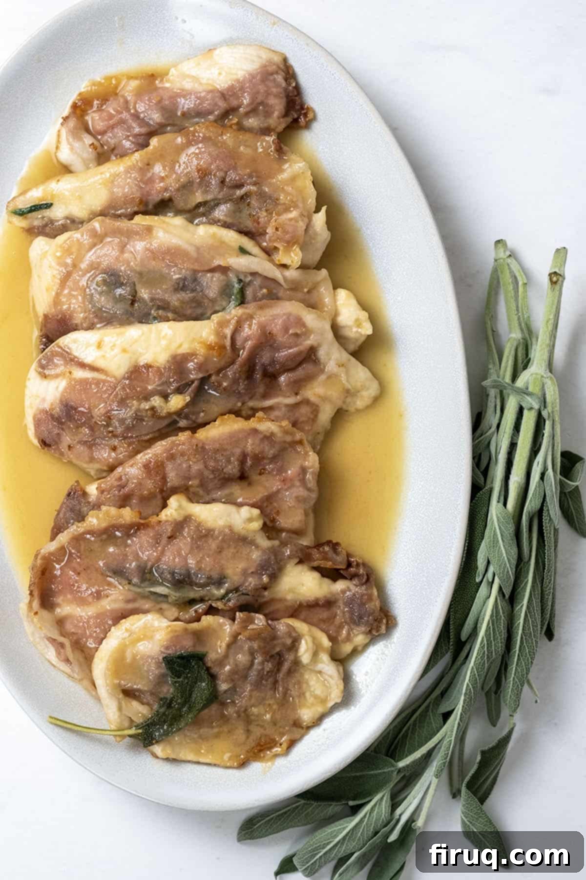 Elevated Chicken Saltimbocca 12 close-up of cooked chicken saltimbocca with sauce