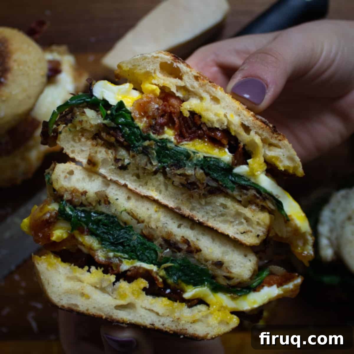 Your Italian Breakfast Sandwich 2 ultimate Italian breakfast sandwich with parmesan-crusted eggs, crispy bacon, spinach, and hashbrowns