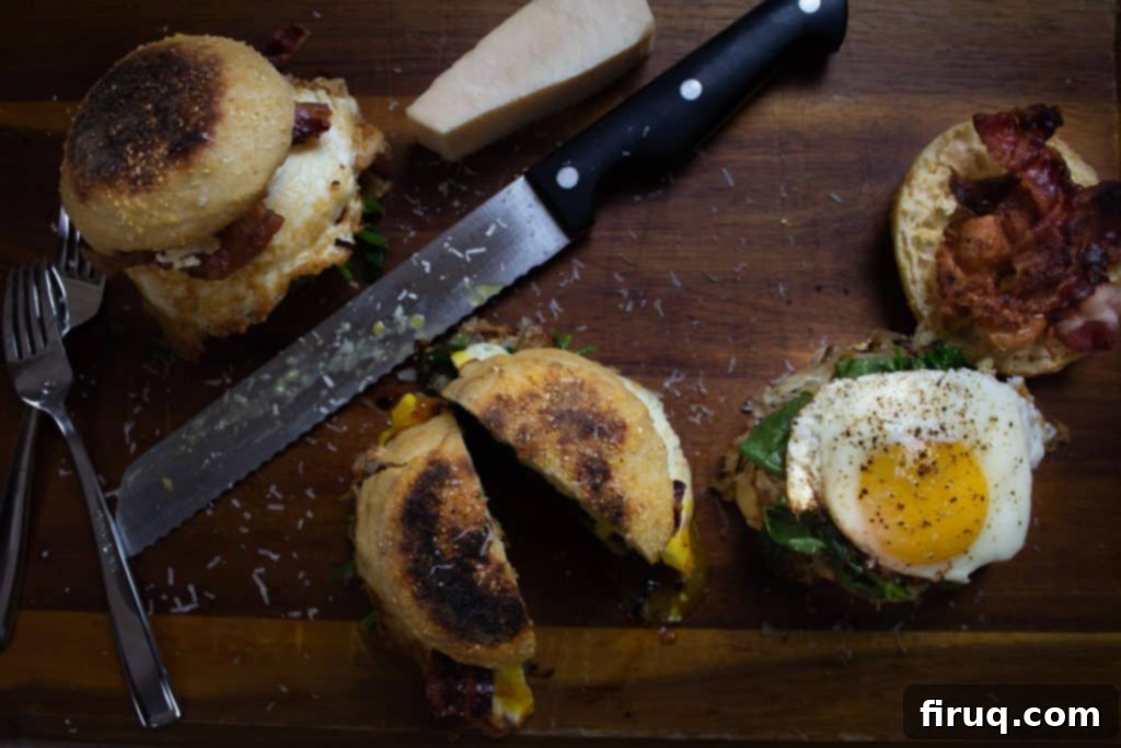 Your Italian Breakfast Sandwich 12 Italian Breakfast sandwiches cut open on cutting board, revealing layers of ingredients