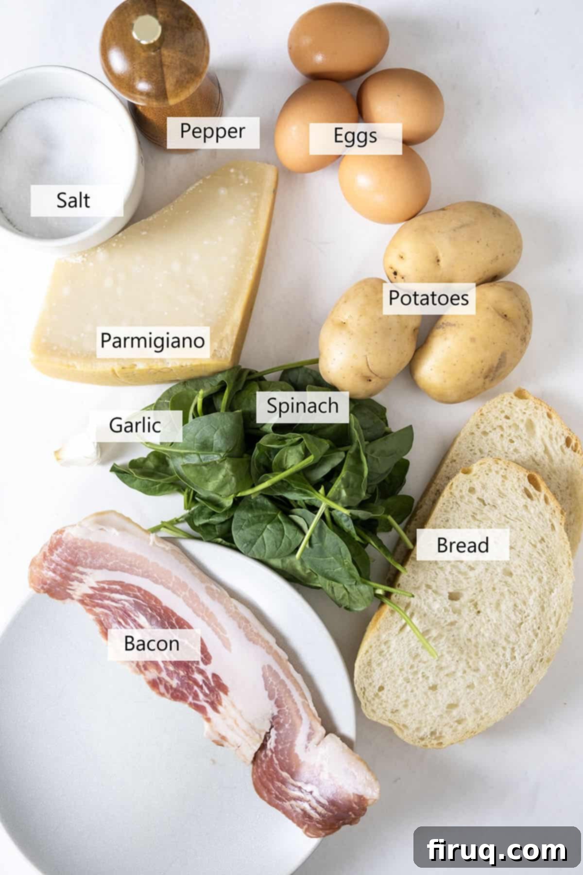Your Italian Breakfast Sandwich 3 Ingredients for the Italian breakfast sandwich recipe including eggs, bacon, spinach, potatoes, and parmesan cheese.