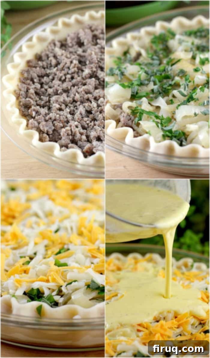 Savory Sausage and Sweet Onion Quiche 3 collage of 4 photos: sausage in pie shell; onions and herbs layered over sausage; cheese layer; egg mixture pouring over the cheeses