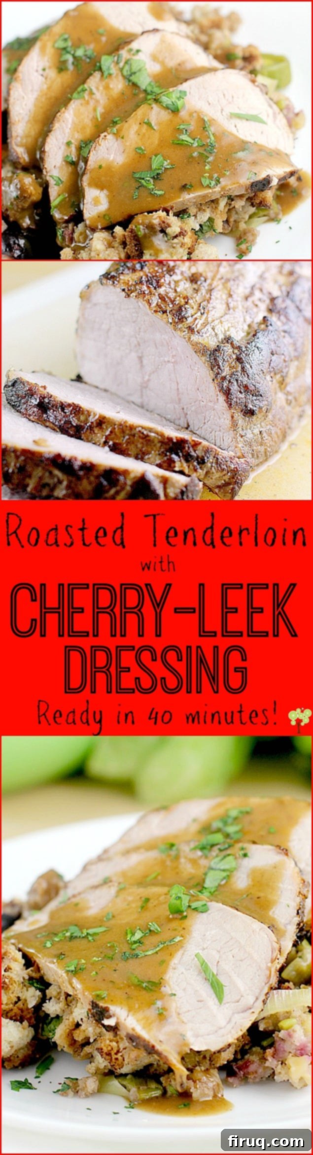 Roasted Tenderloin with Cherry Leek Compote 3 Overhead view of Roasted Pork Tenderloin with Cherry-Leek Dressing, ready to serve for spring