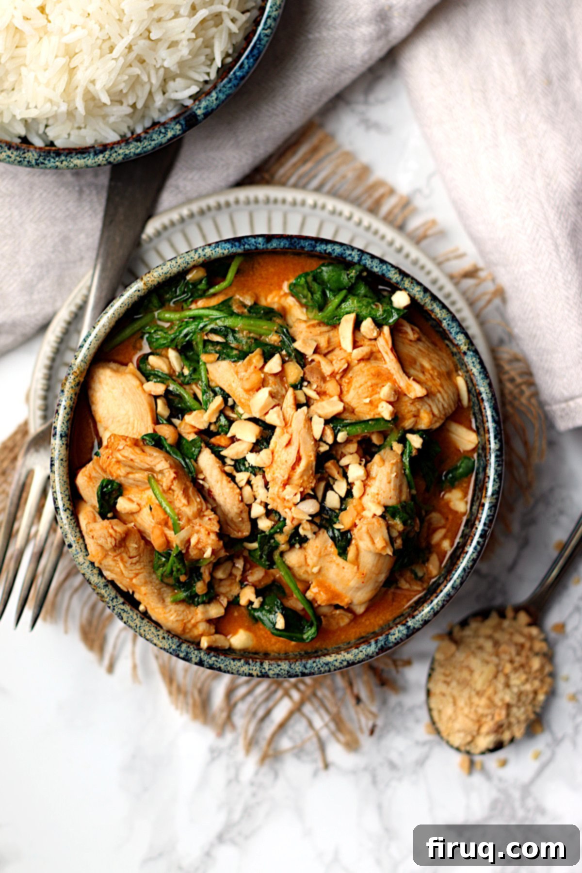 Overhead View of Thai Swimming Rama Chicken Overhead photo of Thai Swimming Rama Chicken in a bowl.