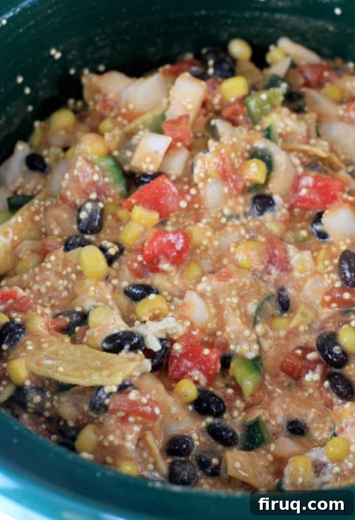 Set-It-And-Forget-It Quinoa Tamale Casserole 6 ingredients in a slow cooker