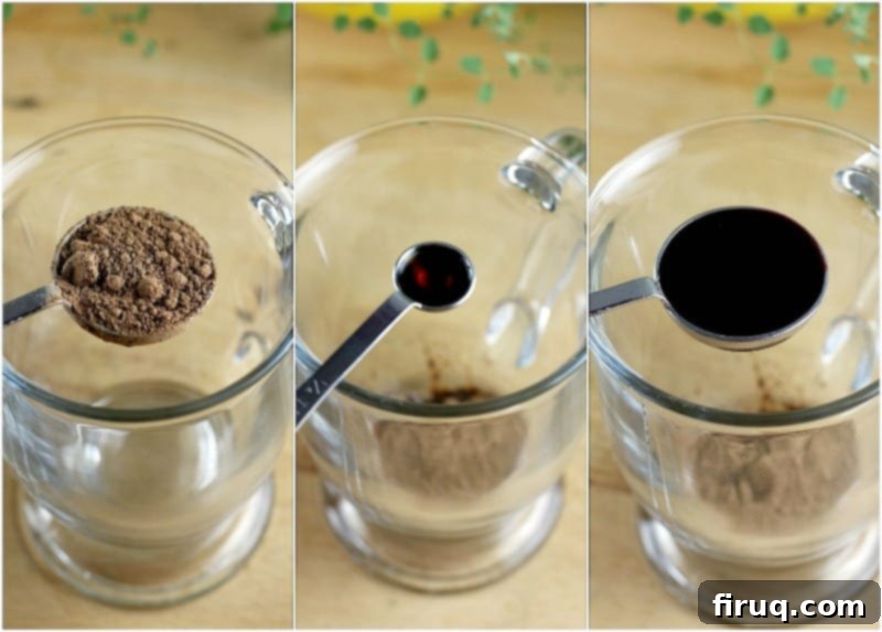 Red Velvet Latte 9 A collage of three distinct photos, each showing a measuring spoon adding either cocoa powder, vanilla extract, or beet juice into a glass mug, illustrating the initial steps of preparing the Red Velvet Latte.