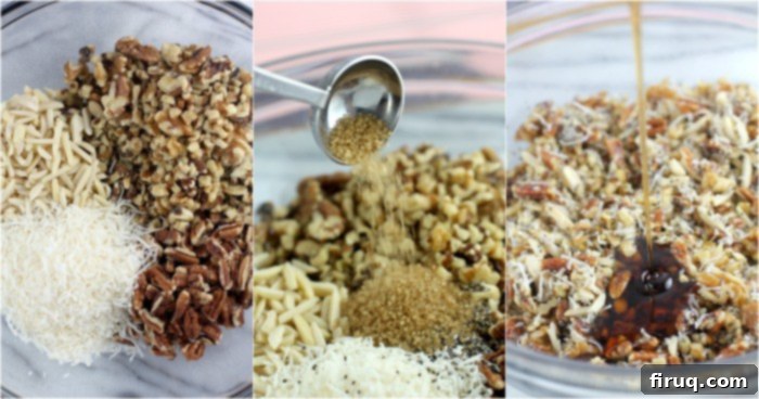 Refreshing Key Lime Parfait with Crispy GrainFree Granola 4 A bowl of simple grain-free granola ingredients including walnuts, pecans, almonds, coconut, and chia seeds