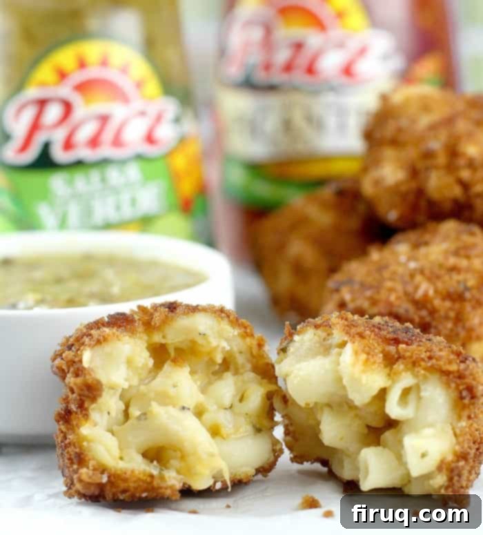 Golden-Fried Salsa Verde Mac & Cheese Poppers 7 Fried Salsa Verde Mac and Cheese Balls ready for serving.