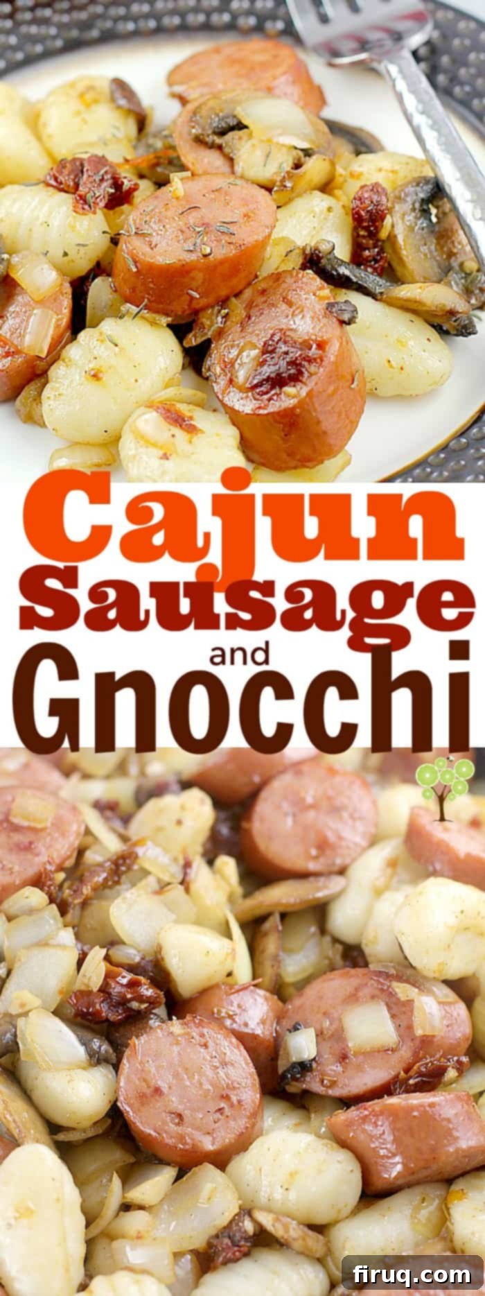 Cajun Smoked Sausage Gnocchi in 20 Minutes 11 Overhead shot of Cajun Smoked Sausage and Gnocchi in a skillet, showcasing the mix of sausage, vegetables, and tender gnocchi. #EverydayEckrich #ad
