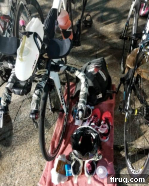 Ironman Miami 70.3 Race Recap: Pelotons and Pizza 7 Transition area setup with bike and nutrition for Ironman Miami 70.3.