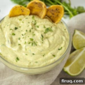 Vibrant Avocado Lime Sauce 11 avocado lime crema in a glass bowl with limes and cilantro on side and chips in the crema.