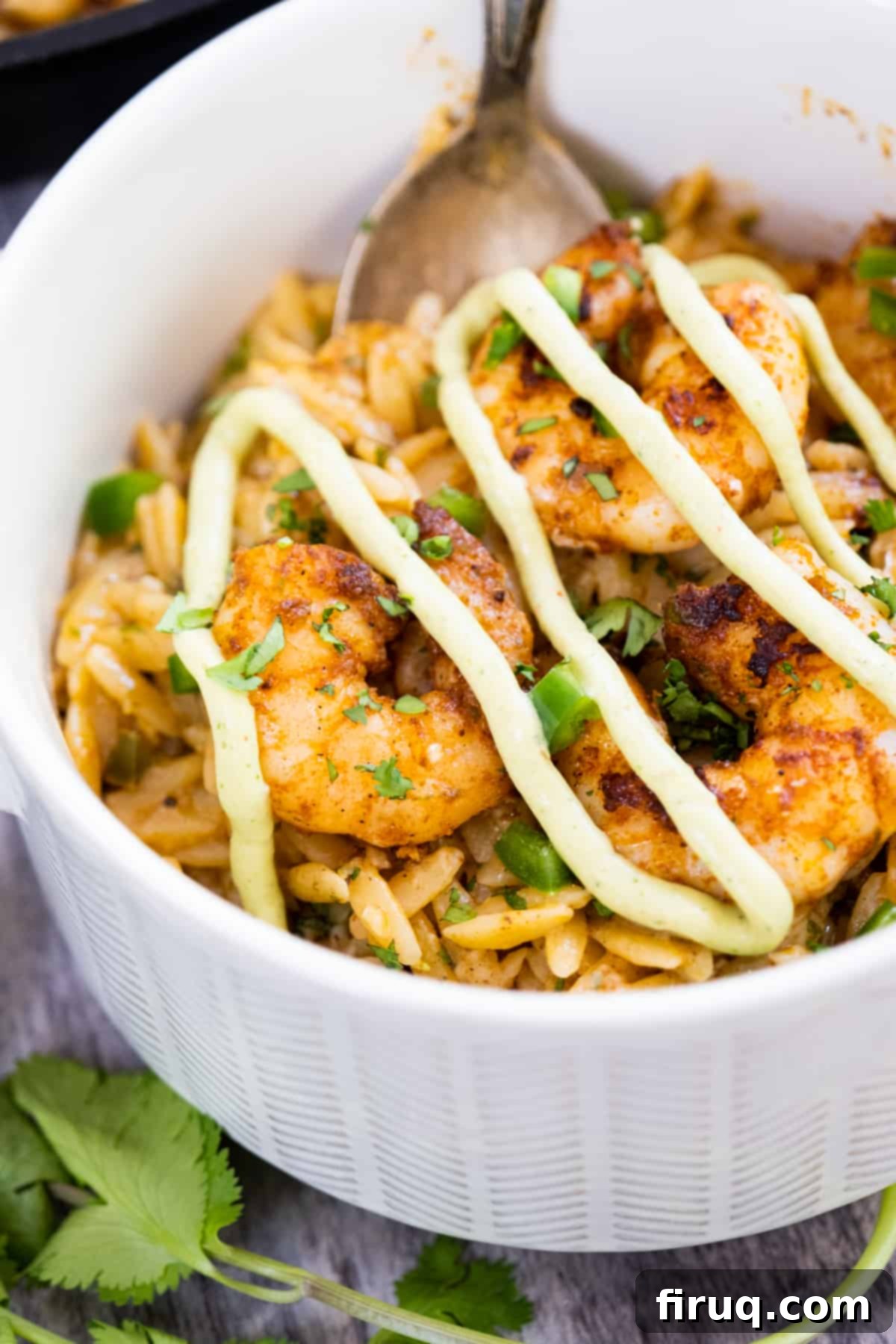 Vibrant Avocado Lime Sauce 3 avocado crema drizzled on shrimp over creamy orzo