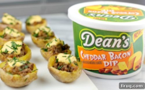 Crispy Cheeseburger Potato Poppers 8 Dean's Cheddar Bacon Dip container, highlighting the key ingredient