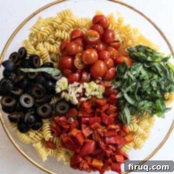 Zesty Italian Pasta Salad 6 pasta with cherry tomatoes, olives, basil, roasted red peppers, and garlic on top but not mixed in.