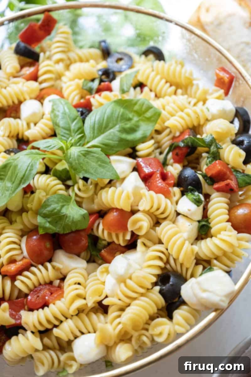 Zesty Italian Pasta Salad 9 The Italian pasta salad in a bowl garnished with basil