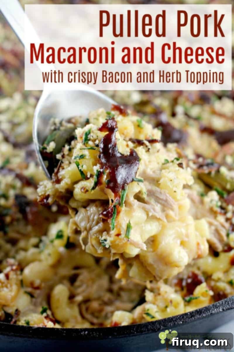 Hearty Pulled Pork Macaroni and Cheese Topped with Crispy Bacon and Fresh Herbs 6 Close-up of baked Pulled Pork Macaroni and Cheese, showing the bubbly cheese and crispy topping