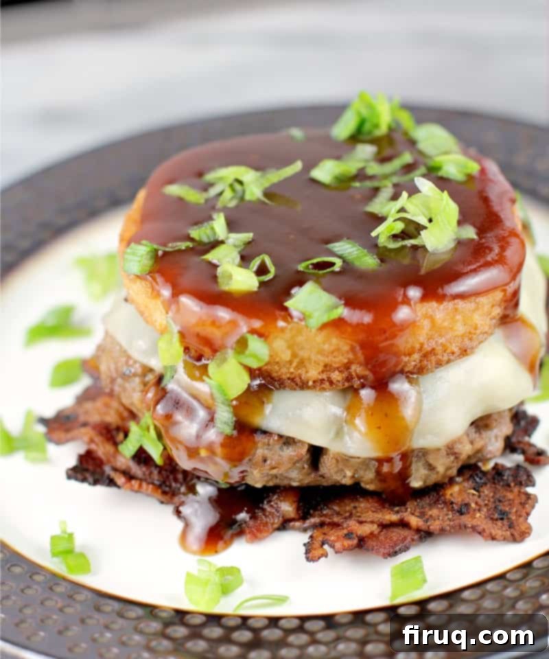 Low Country BBQ Burger with Bacon Weave and Smoked Gouda Grit Cake