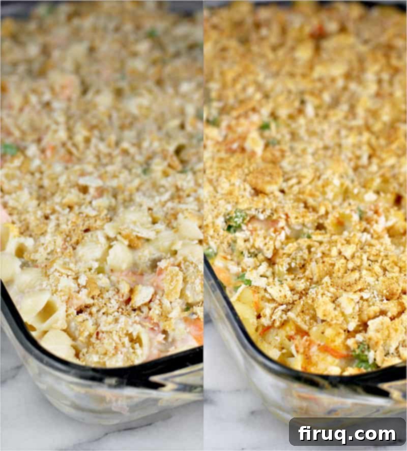 Golden Salmon Casserole 10 Collage showing the fresh salmon casserole before baking with cracker topping, and after baking, golden and bubbly