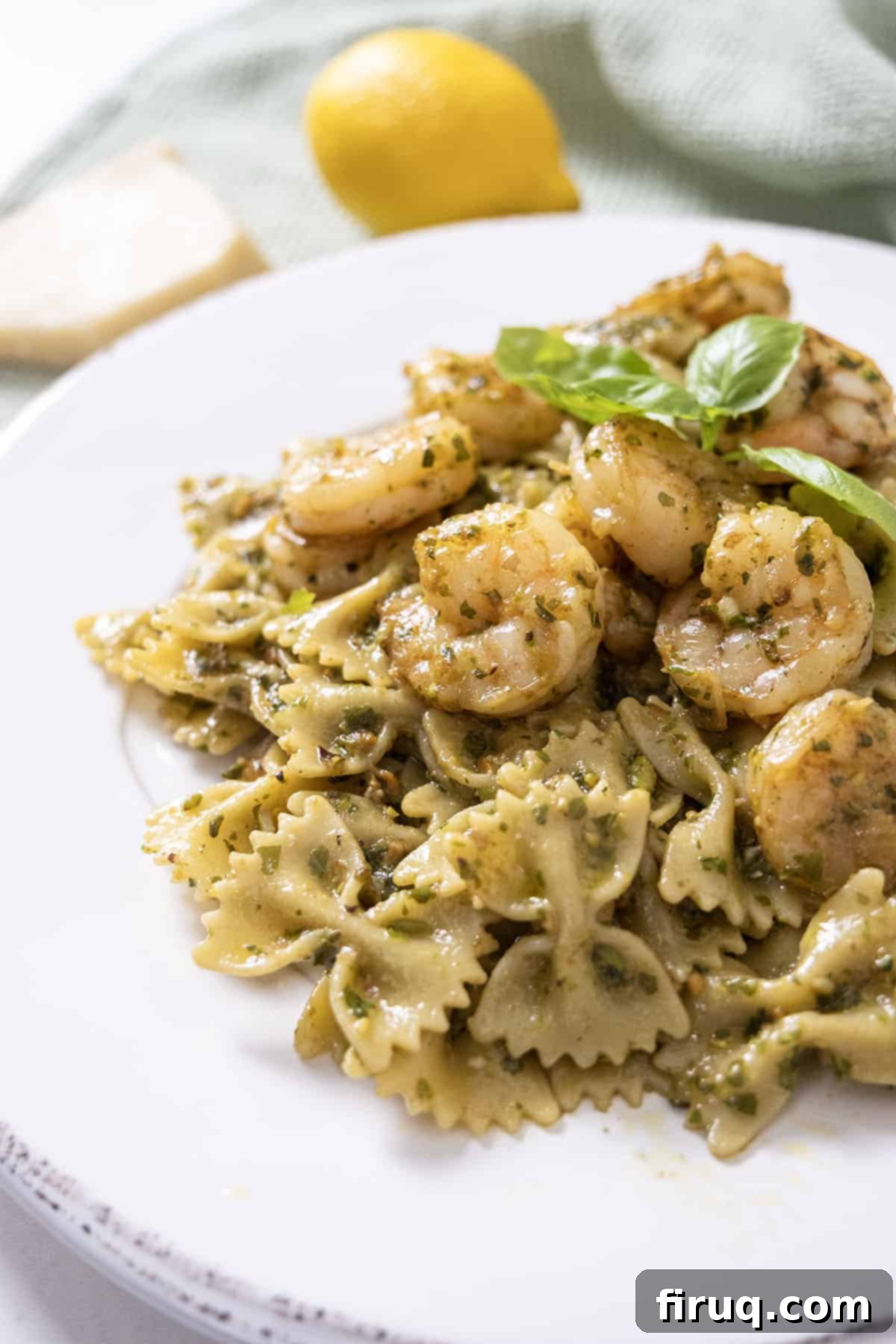 Velvety Pesto Shrimp Pasta 2 Shrimp over pesto pasta garnished with basil.