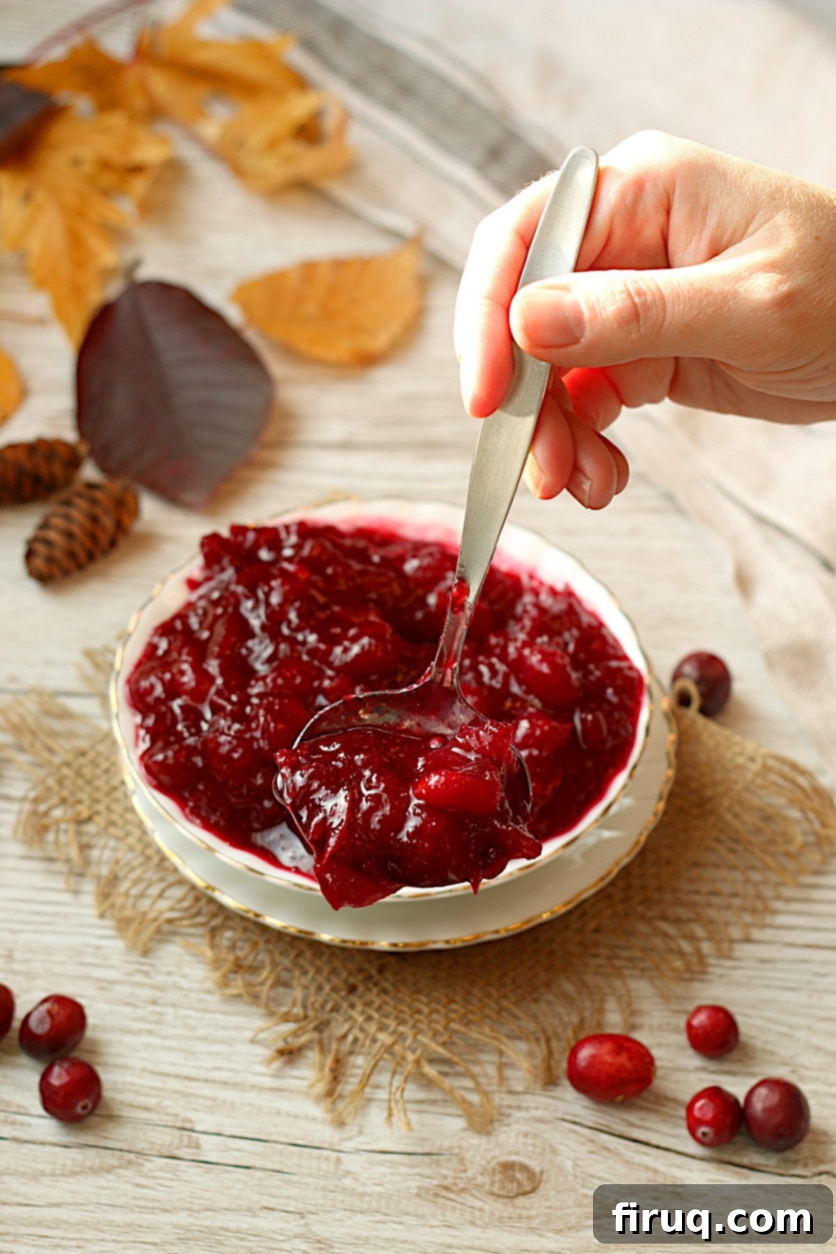 Scooping Fresh Cranberry Sauce A hand scooping a spoonful of easy homemade cranberry sauce from a small white bowl, showing its thick texture.