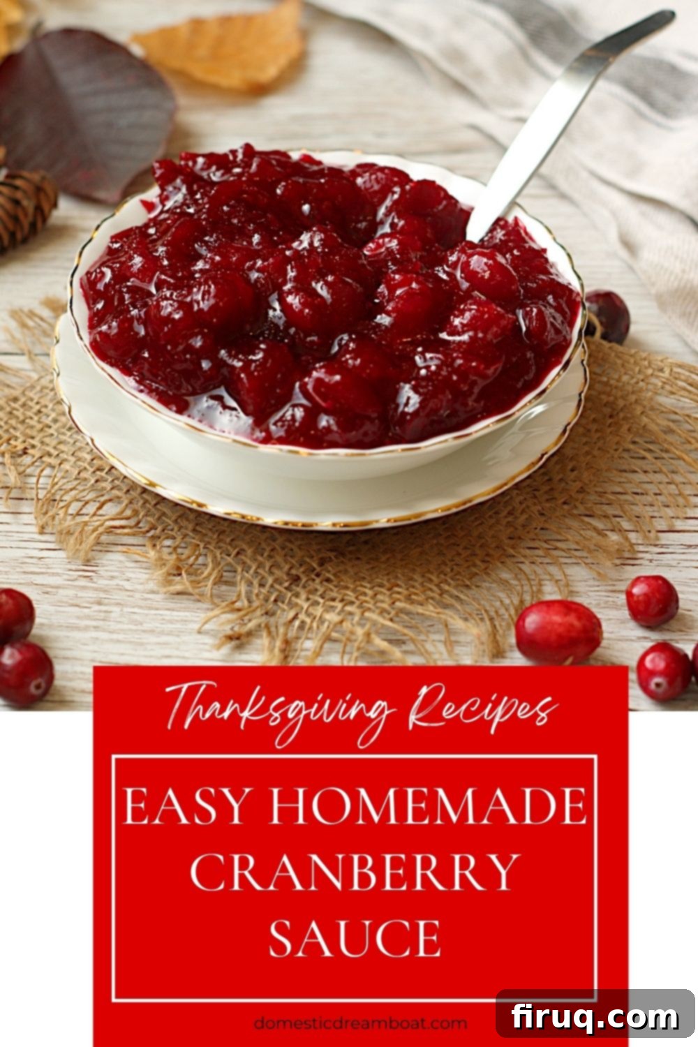 Serving Homemade Cranberry Sauce Close-up of Easy Homemade Cranberry Sauce in a white bowl with a spoon.