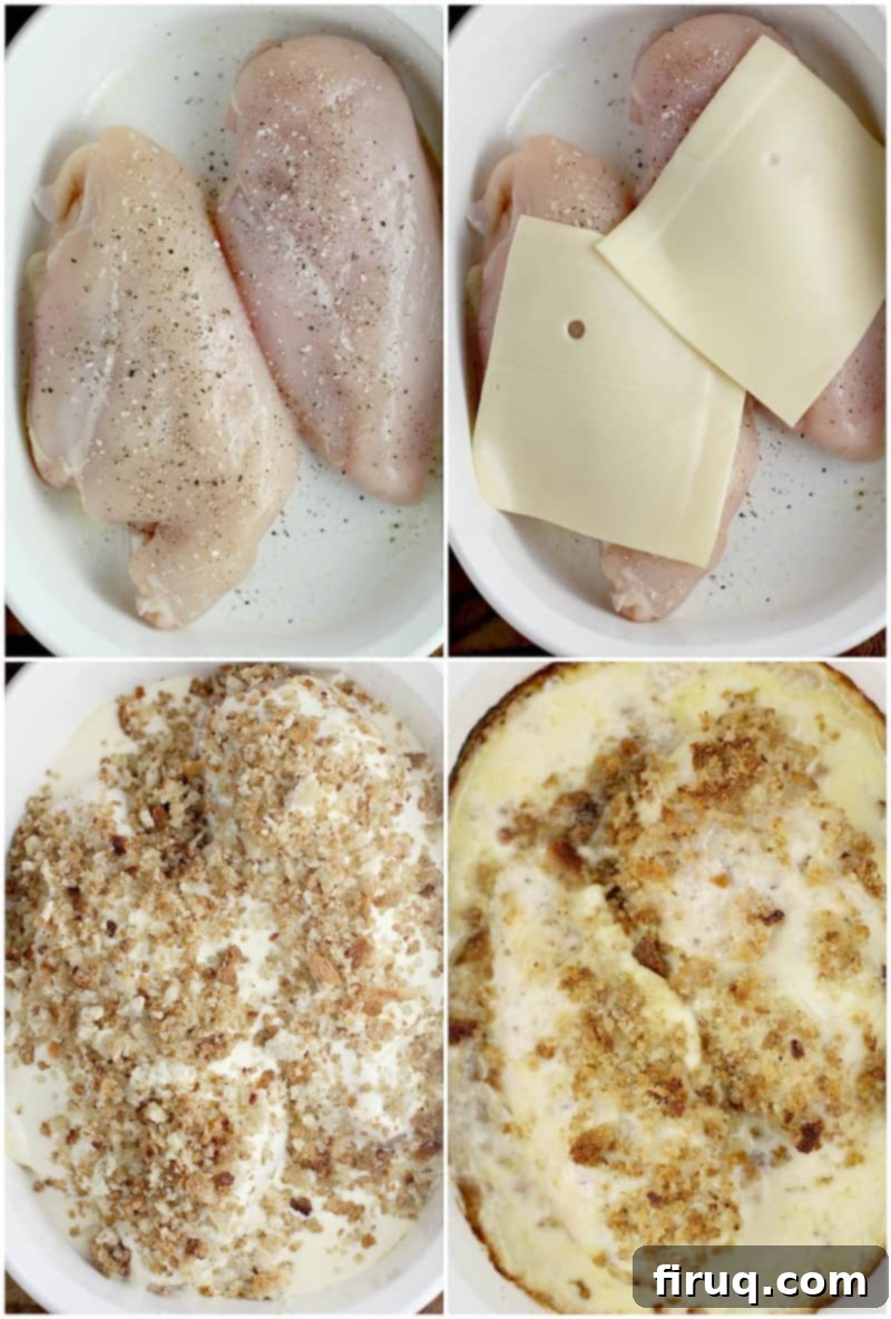 Baked Swiss Chicken Perfection 4 collage of 4 photos showing the steps for assembly: upper left, chicken in a dish; upper right, cheese on chicken; lower left, topping on cheese; lower right, baked casserole