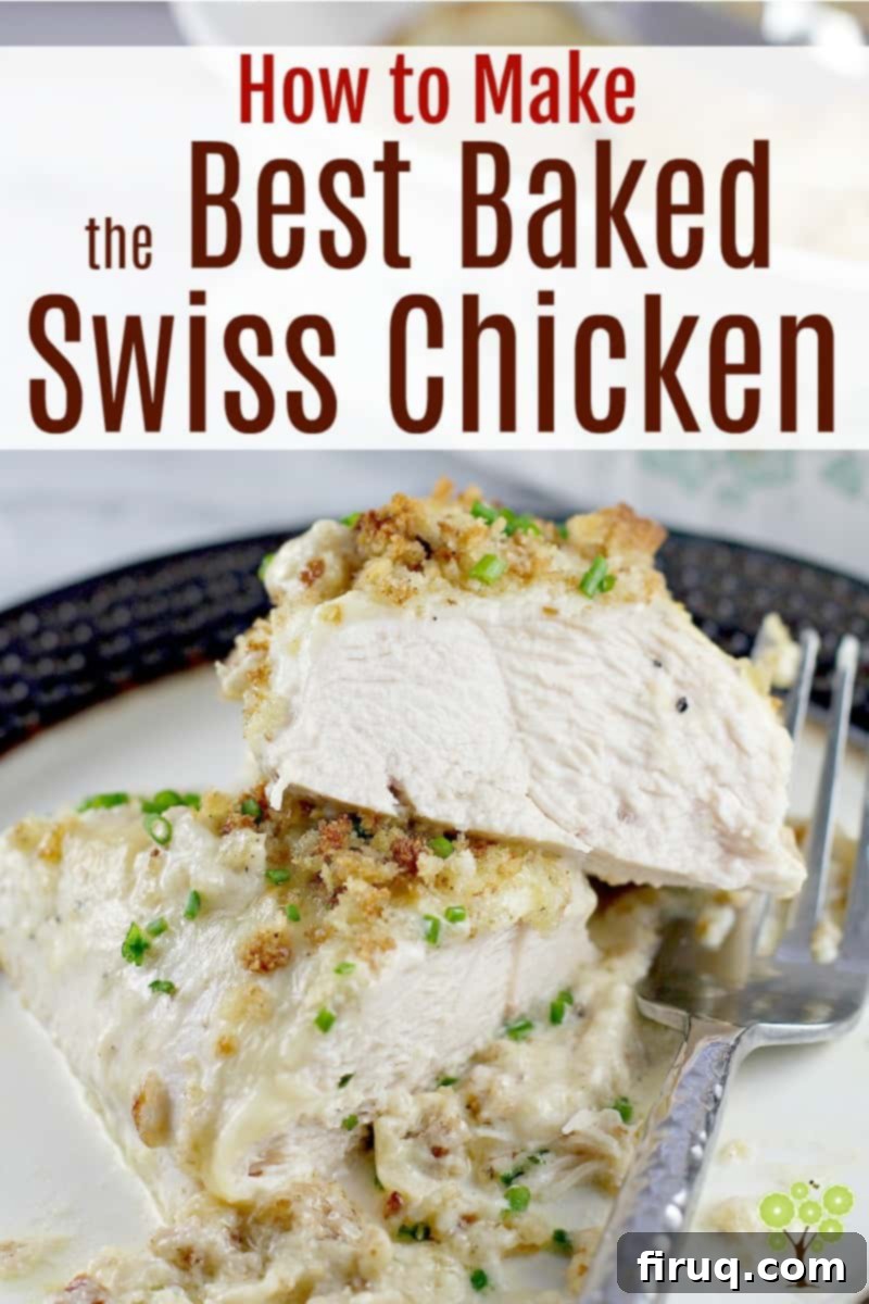 Baked Swiss Chicken Perfection 7 image for pinterest with text overlay of recipe title