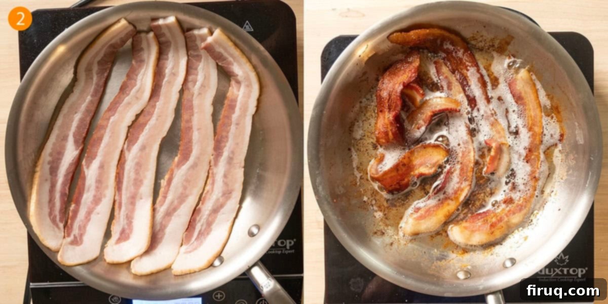 Sizzling Bacon & Bold Blue Cheese Burger 5 Crispy bacon strips frying in a pan, rendering their fat, which will be used for the onion jam.