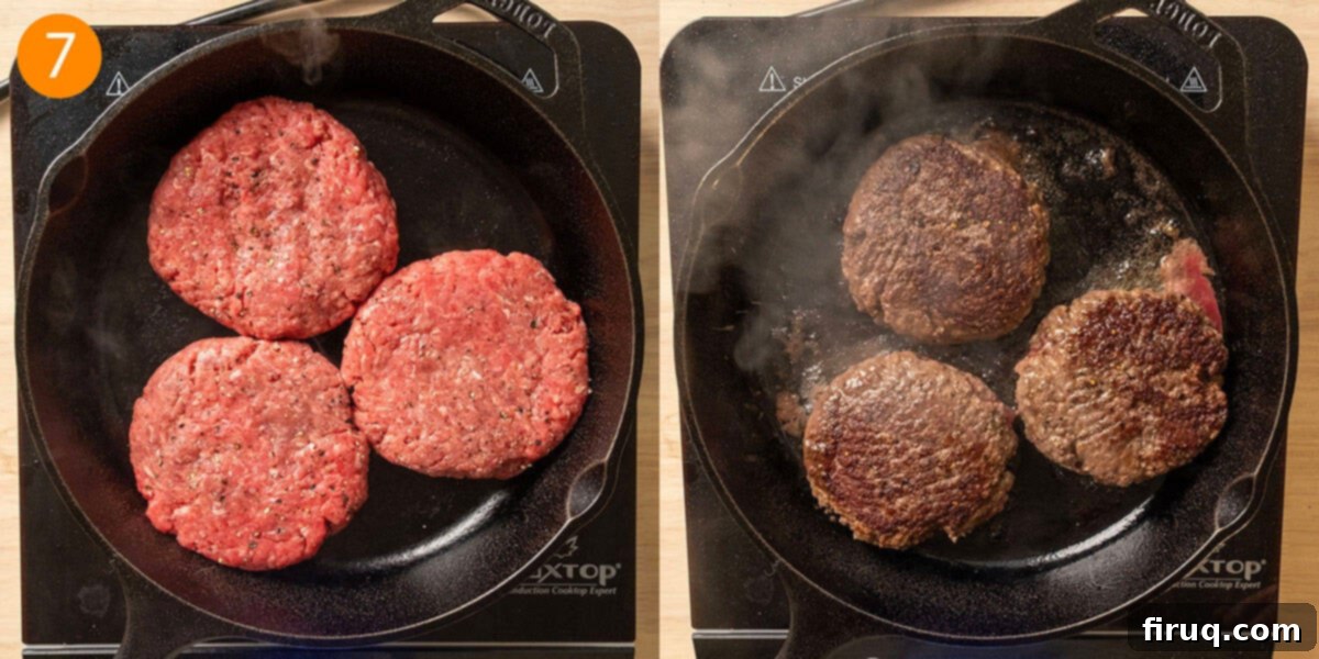 Sizzling Bacon & Bold Blue Cheese Burger 8 Burger patties grilling on a hot cast iron pan, showing a beautiful sear.