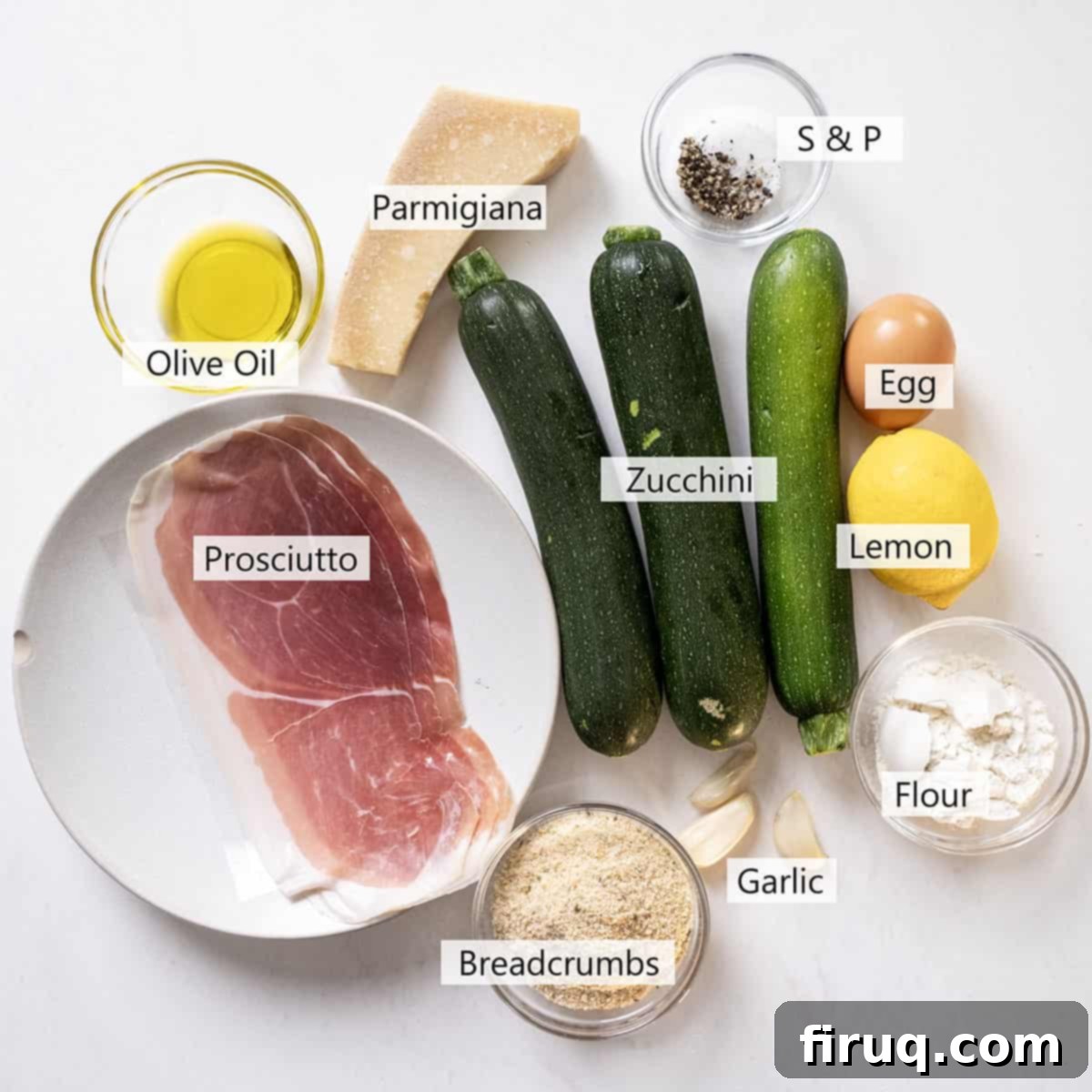 Guilt-Free Air Fryer Zucchini Fritters 4 A flat lay of fresh ingredients for zucchini fritters, including grated zucchini, breadcrumbs, Parmesan, prosciutto, and lemon.