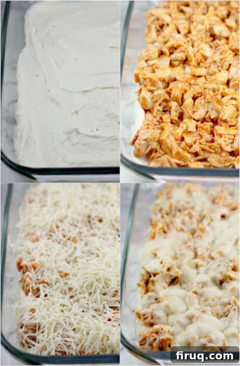Loaded Buffalo Bacon Chicken Dip 4 Collage of 4 photos showing the different layers of the Buffalo Bacon Chicken Dip: the initial creamy base, the addition of buffalo-coated chicken, the shredded cheese before baking, and the final cooked, melted cheese topping with bacon.