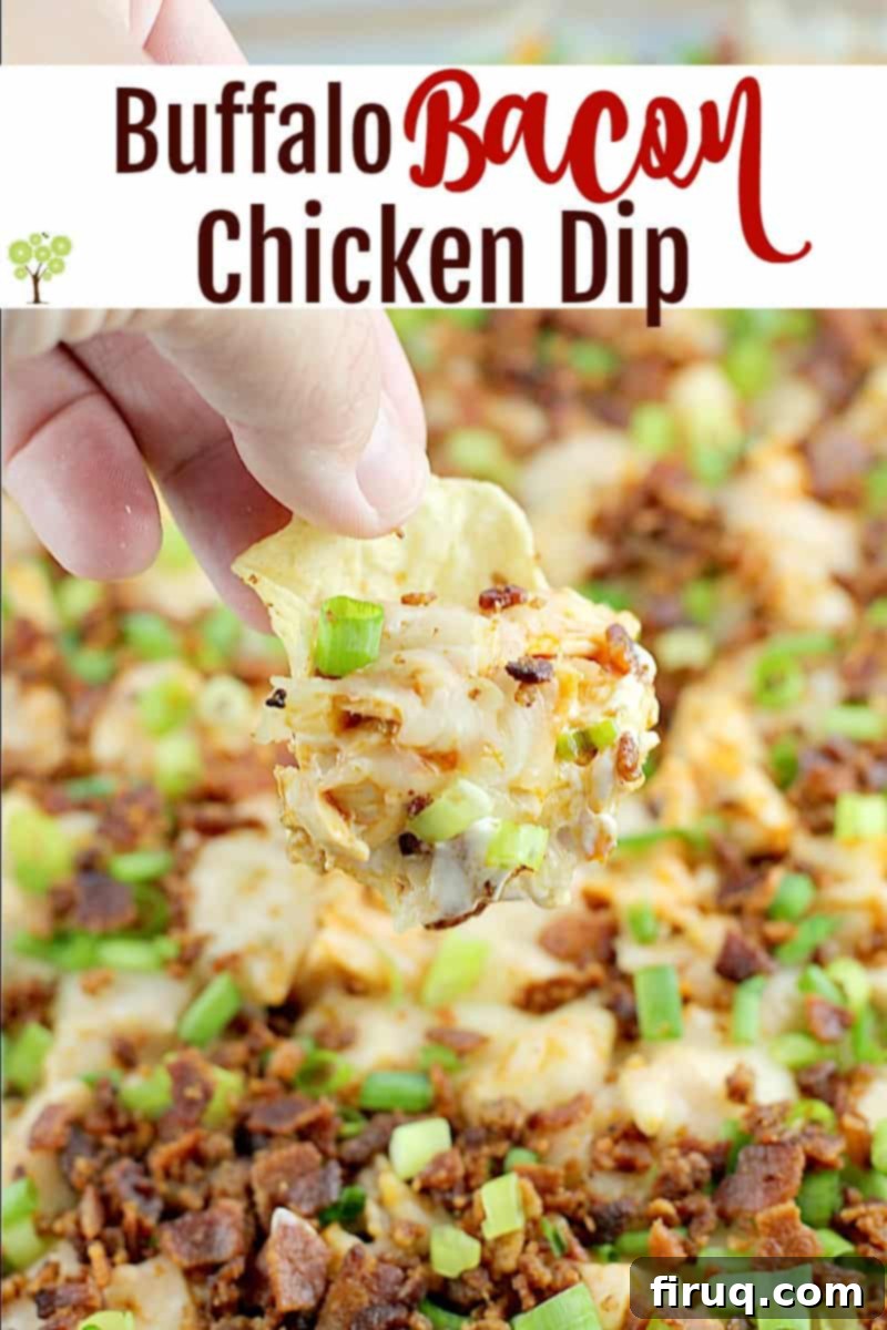 Loaded Buffalo Bacon Chicken Dip 7 A vibrant and appealing overhead shot of the Buffalo Bacon Chicken Dip, richly topped with melted cheese, crispy bacon, and fresh green onions, served in a glass dish, ready to be enjoyed as a party appetizer.