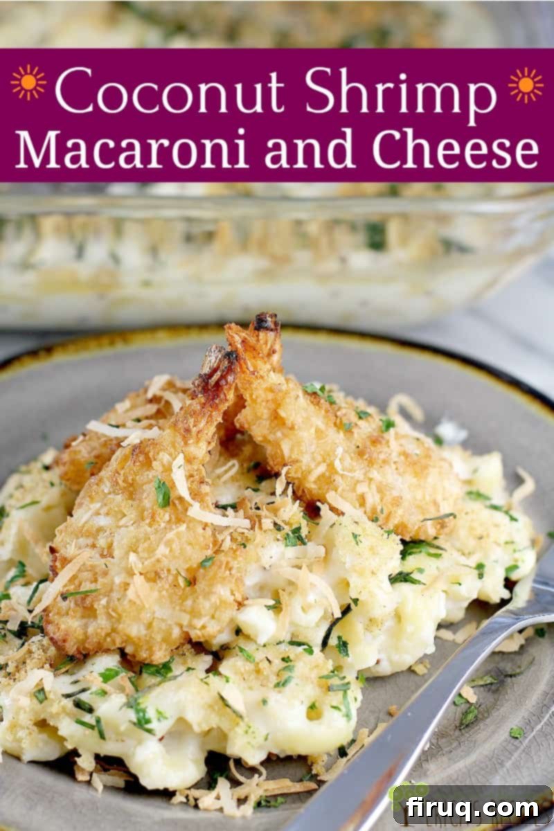 Coconut Shrimp Macaroni Bliss 8 Coconut Shrimp Macaroni and Cheese served in a rustic bowl.