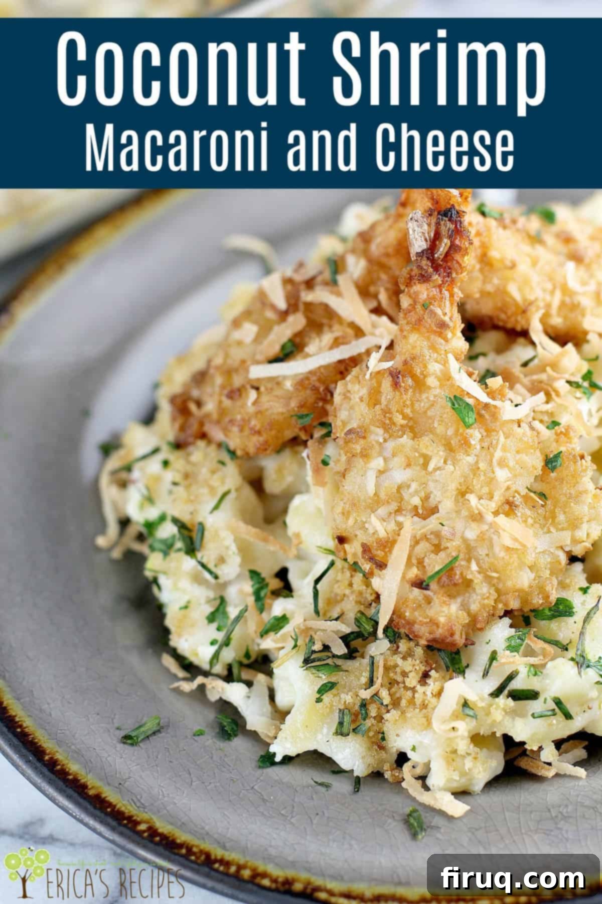 Coconut Shrimp Macaroni Bliss 10 Close-up of the cheesy pasta and crispy shrimp.