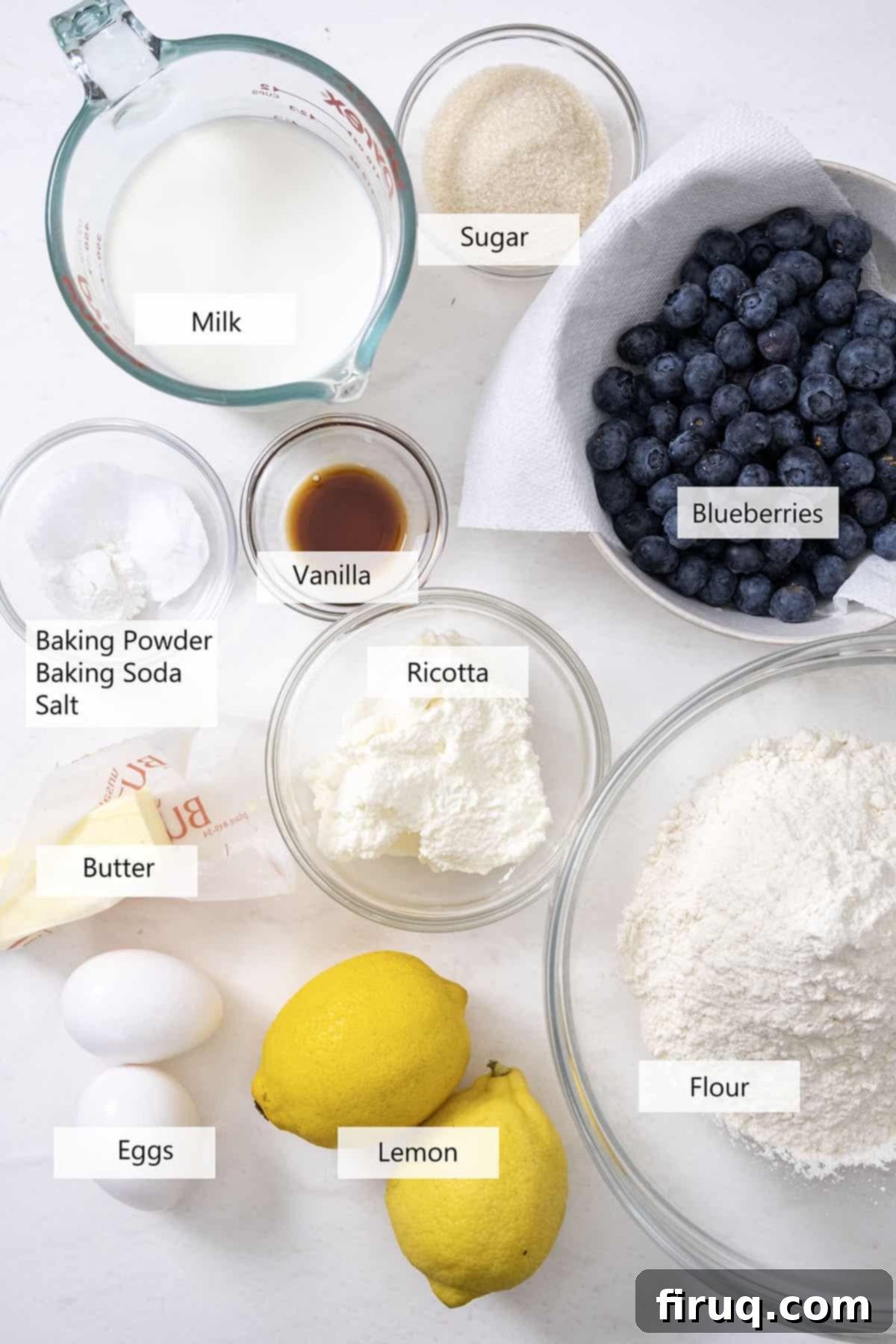 Bright Lemon Ricotta Blueberry Pancakes 3 Ingredients for the recipe.
