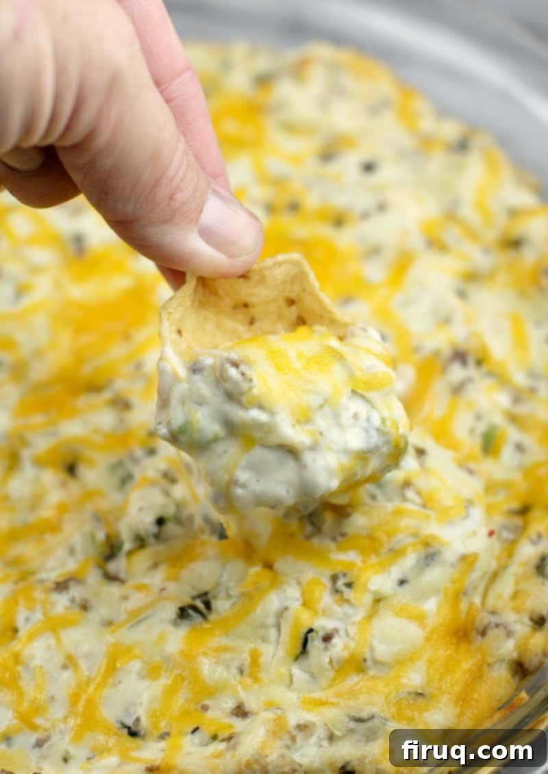 Smoky Poblano and Sausage Dip 2 Roasted Poblano and Sausage Dip served with tortilla chips, close-up shot.