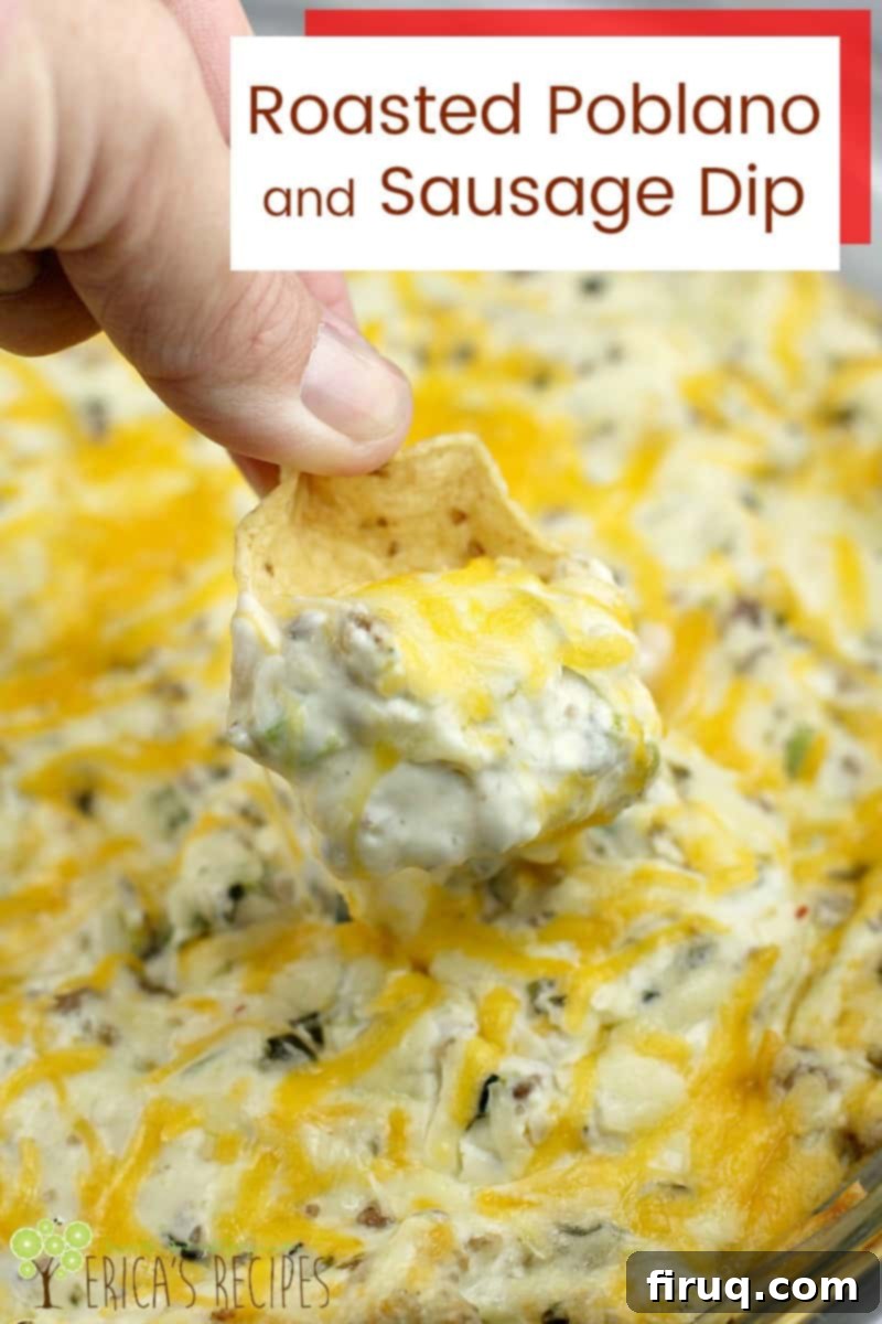 Serve this amazing Roasted Poblano and Sausage Dip at your next gathering! A large serving of Roasted Poblano and Sausage Dip ready for a party.