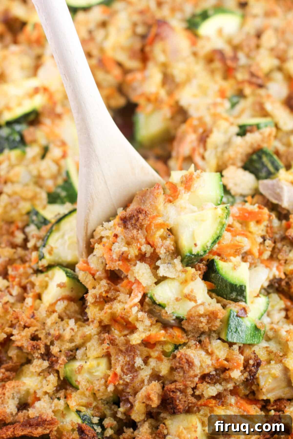 Comforting Chicken Zucchini Bake 3 A wooden spoon scooping into a golden-brown baked chicken zucchini casserole, still in the baking dish.