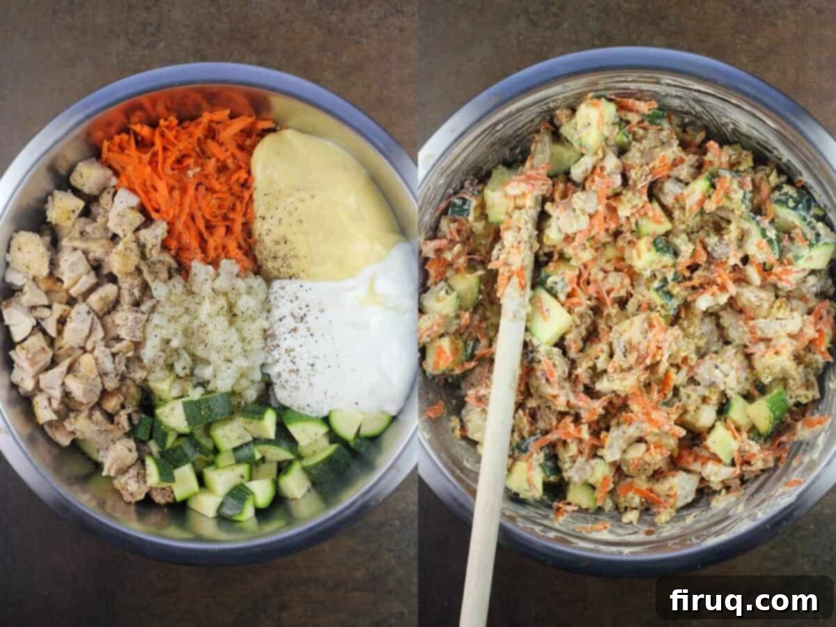 Comforting Chicken Zucchini Bake 7 A collage showing two stages: on the left, individual casserole ingredients in a large metal bowl; on the right, all ingredients thoroughly combined and ready for the baking dish.