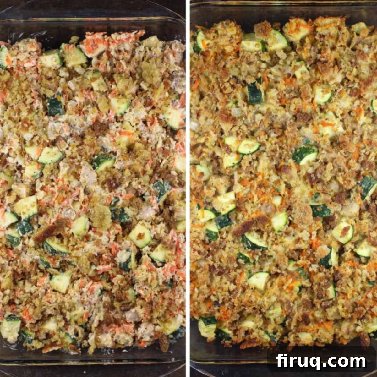 Comforting Chicken Zucchini Bake 8 A collage comparing the uncooked casserole (left) in a clear baking dish with the golden-brown, bubbly cooked casserole (right) in the same dish.