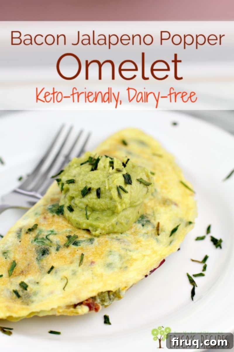 Keto Dairy-Free Bacon Jalapeno Popper Omelet 8 This satisfying, dairy-free Bacon Jalapeno Popper Omelet is loaded with healthy greens, satiating fat, and protein. If you looking for a low carb or keto breakfast option, this recipe is a must-try. #keto #ketobreakfast #jalapenopopper #bacon #recipes #food #lowcarb #healthyrecipe #dairyfree #glutenfree