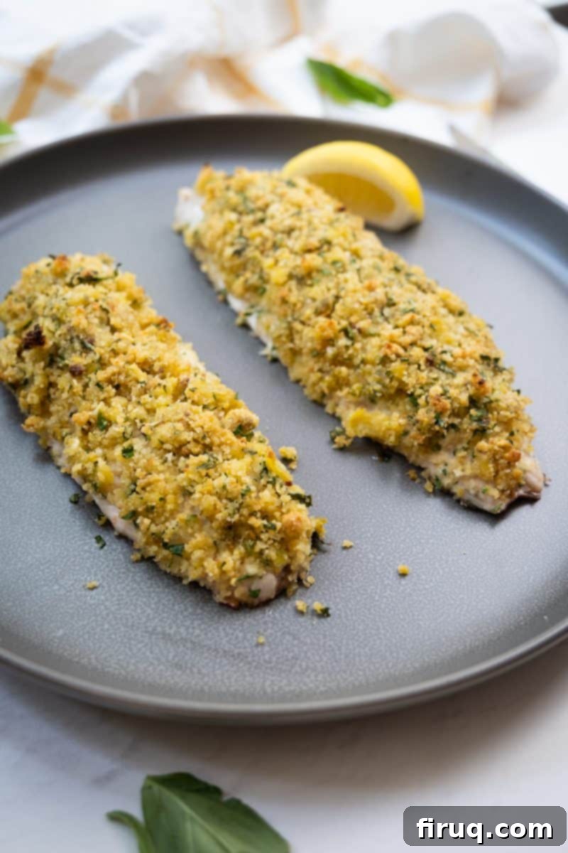 Emerald Zest Snapper 2 Close-up of a beautifully cooked lemon pistachio crusted snapper fillet on a plate, garnished with fresh herbs and lemon wedges.