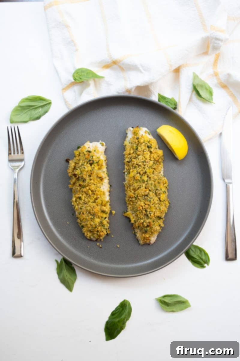 Emerald Zest Snapper 5 Plated lemon pistachio crusted snapper with a lemon wedge.